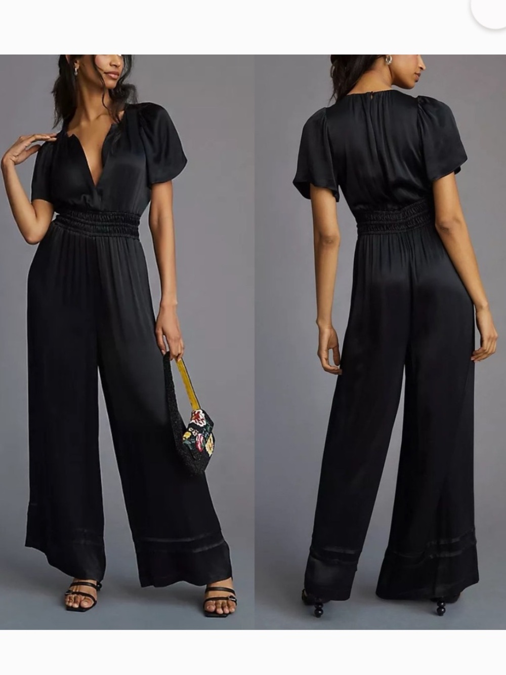 Anthropologie The Somerset Jumpsuit Black Satin Wide-Leg Size Medium
